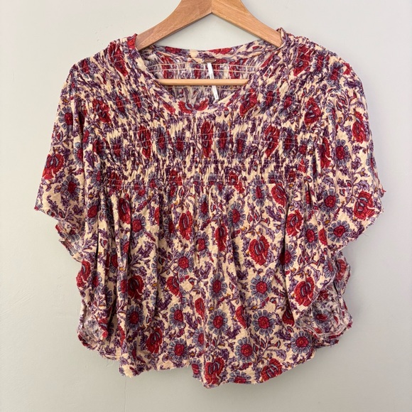 Free People Printed Ruffled Up Top-Peach Floral Combo-Small-Linen Blend-Boho - Picture 3 of 5
